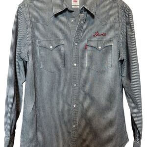 Levi's Mens L Blue White Pinstripe Western Snap Denim Shirt